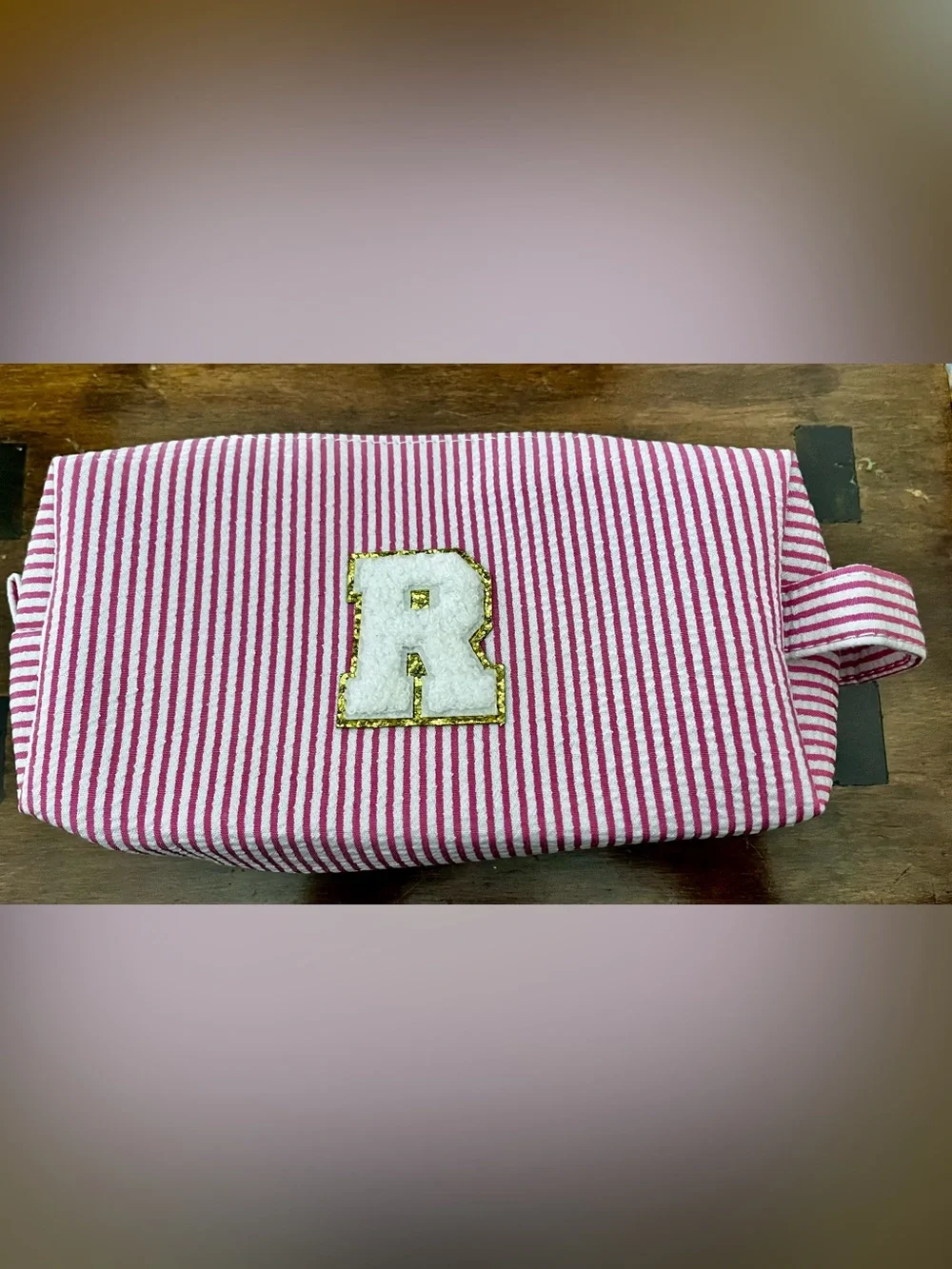 Pink Striped Cosmetic Bag Set with Gold-Trim 'R' Patch by Yoolife